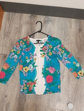 Talbots Teal Floral Button-Front Cardigan